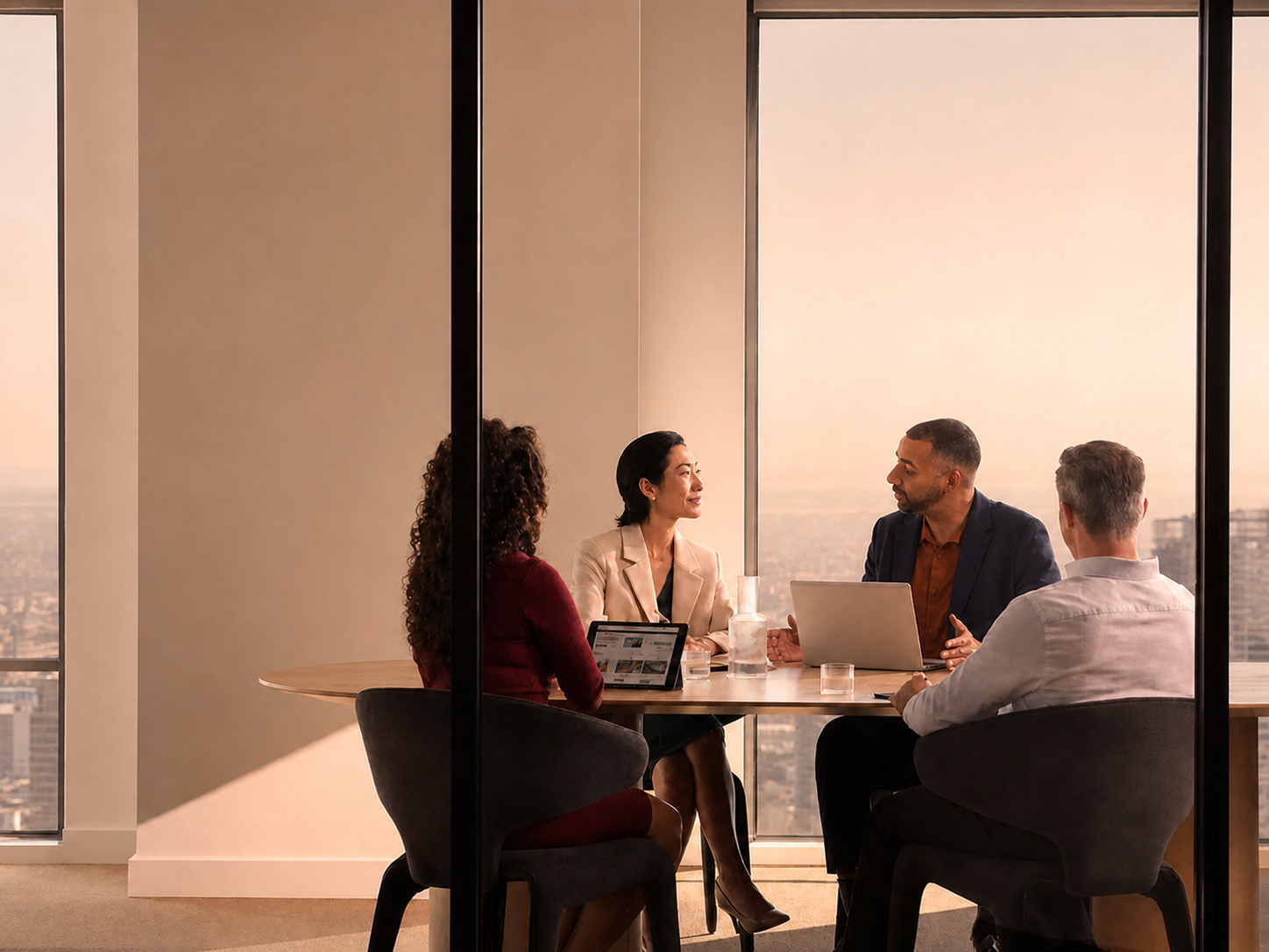 Grupo reduzido mantém uma conversa de trabalho em uma sala reservada.
