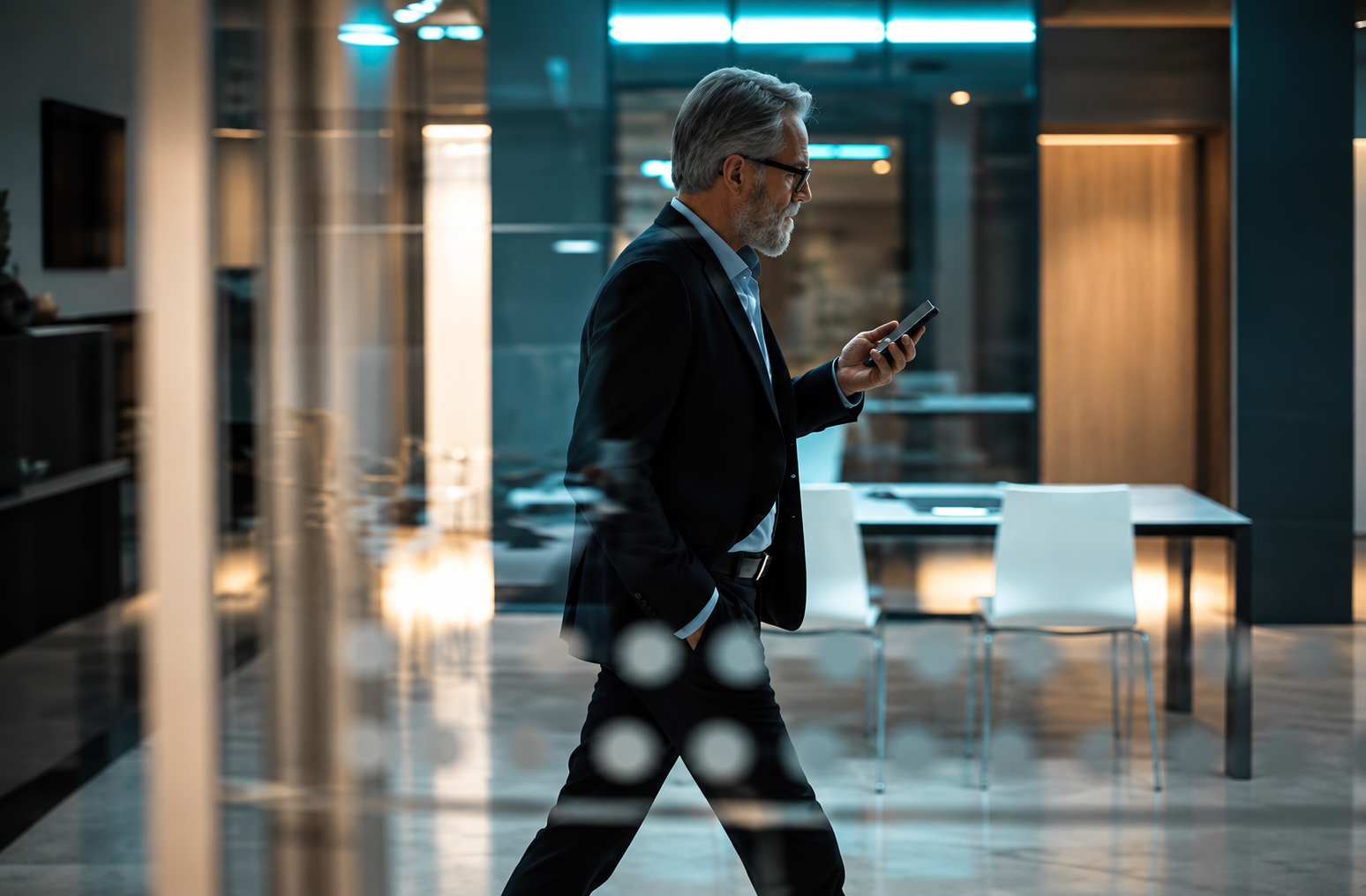 Executivo em movimento em um ambiente corporativo contemporâneo.