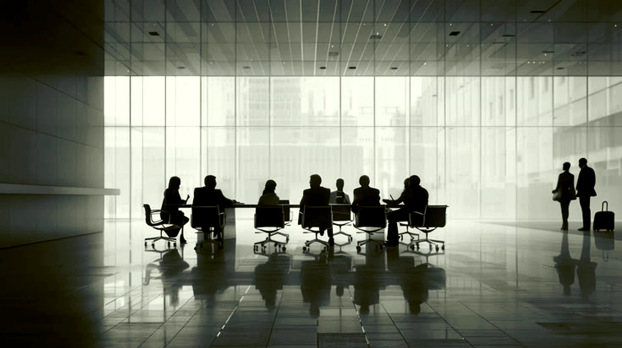 Mesa institucional com diferentes participantes reunidos diante de uma grande superfície de vidro.