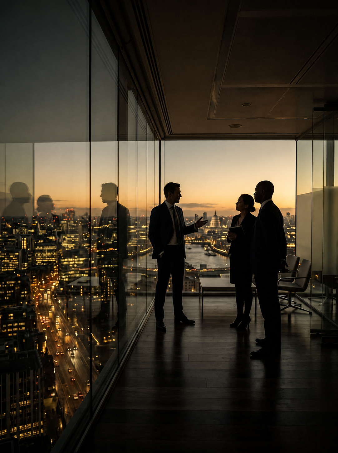 Dois decisores conversam em um espaço reservado com vista para um centro financeiro.